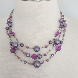 Triple Strand Necklace Purple Beaded Floating Illusion